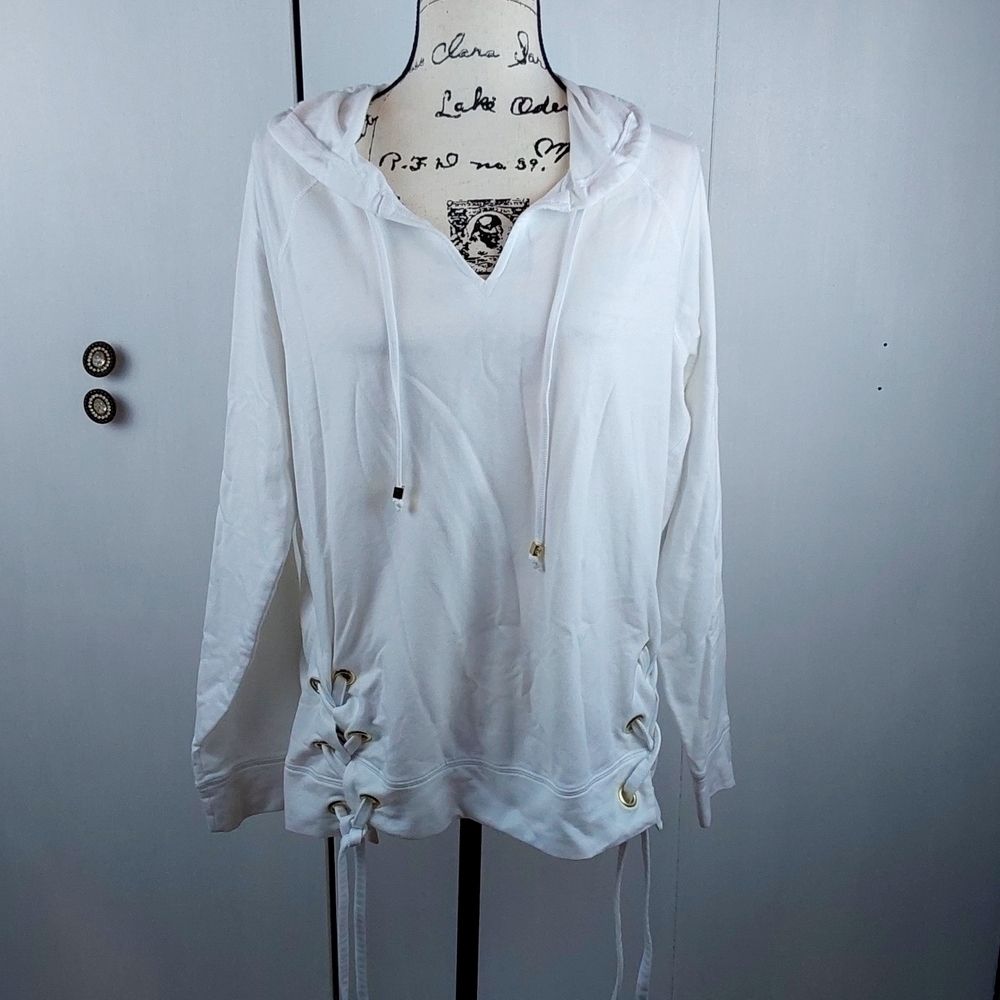 Michael Kors| Womens White & Gold Pop Over Hoodie Laced Detail Sides Neutral XL